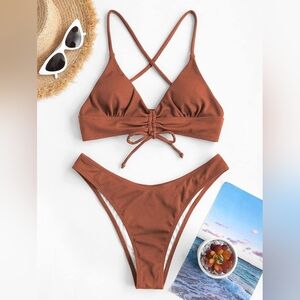 ZAFUL Brown Strappy V-Neck Ribbed High Cut Cheeky Triangle Bikini - Size Large